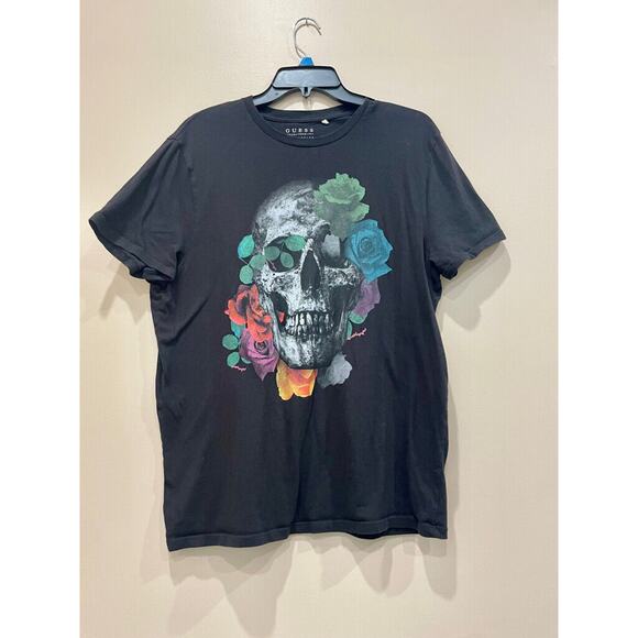 GUESS T-SHIRT SKULL ROSES GRAPHIC PRINT SIZE LARGE BLACK EMO GOTHIC CORE - Picture 7 of 12